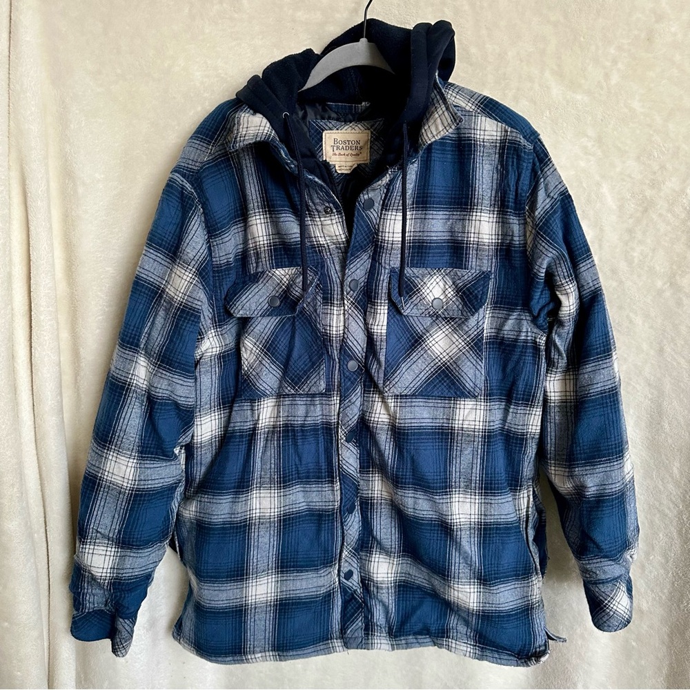 Boston Traders Hooded Flannel Shirt Jacket Shacket‎ Quilted Blue Plaid Mens M